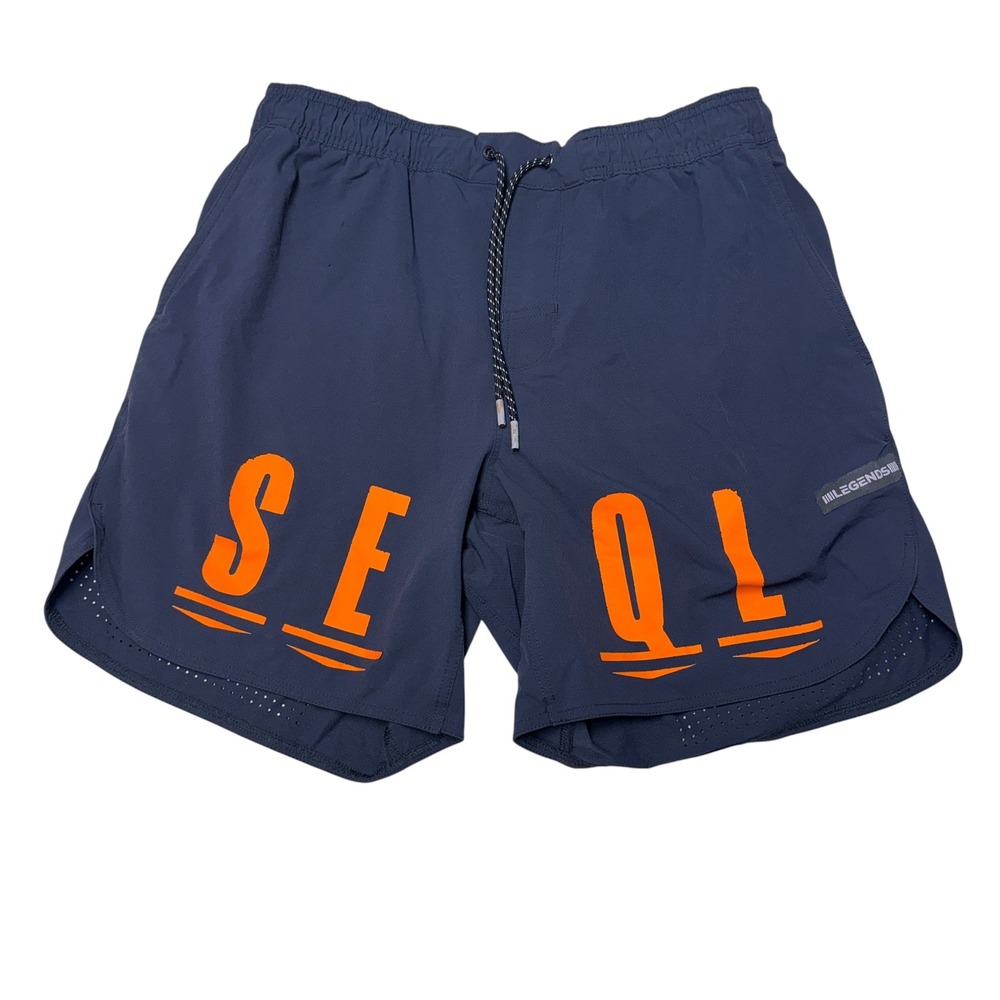 Legends SEQL Mens Navy Blue Orange Graphic Athletic Training Shorts Size L 31x7